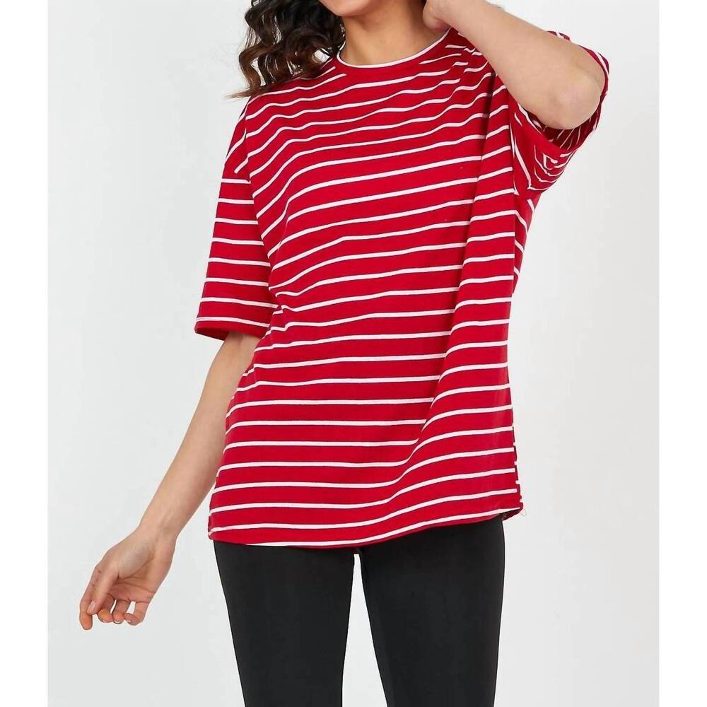 NEW SEWN AND SEEN striped knit short sleeve top in red